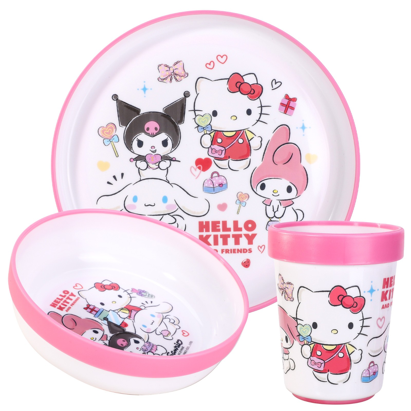 Hello Kitty 3pcs Bicolor Kids Childrens Dinner Set Plate, Bowl & Tumbler