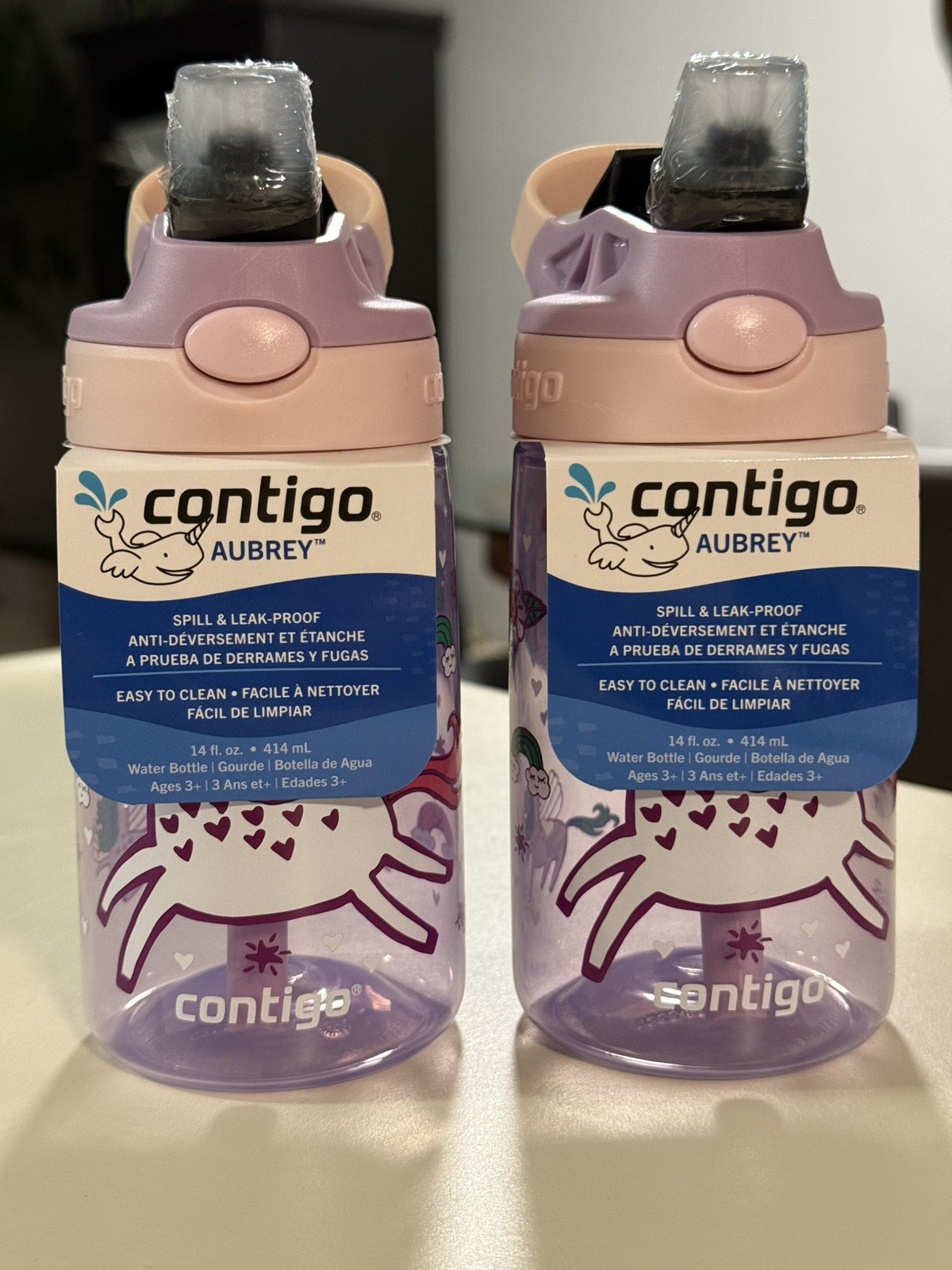 Contigo Kids Aubrey 2X Water Bottle 14 Oz Pink/Purple Unicorns BPA FREE  NEW!!!!