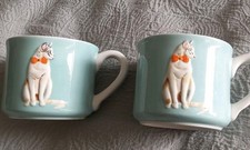 MARKS & SPENCER M&S 2 x HAND PAINTED DUCK EGG BLUE MUGS CALICO CAT BOW TIE VGC 