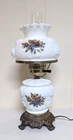 Hedco Vintage 3 Way White Milk Glass Raised Floral Roses Hurricane Table Lamp