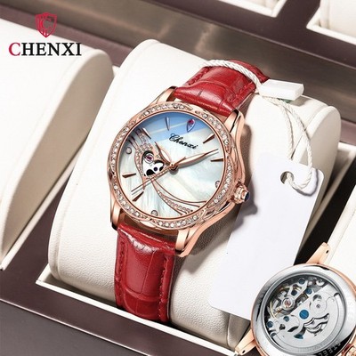 CHENXI Women Leather Hollow Out Luminous Waterproof Automatic Mechanical Watch