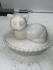 Vintage White Milk Glass Cat in a Basket Covered Dish