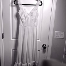 Vintage White Sheer Embroidered Nightgown Slip Dress Ruffles Lace Trim