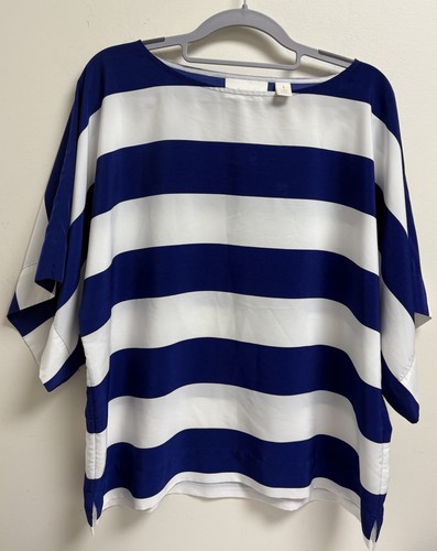 Chico's Size 1 Blue White Stripe Blouse Dolman Sleeve Boat Neck Boxy Top