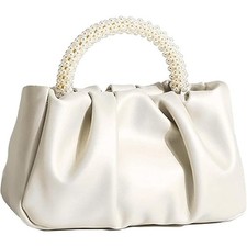 New Shiny Gold White Pearl Beautiful Small Evening Faux Leather Handbag Purse