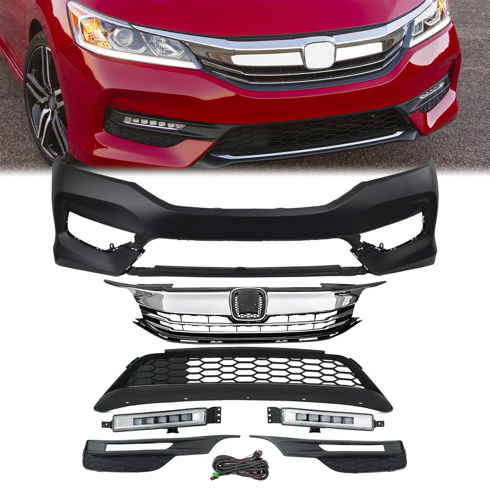 For 2016-2017 Honda Accord Front Bumper Upper Lower Grill & LED Fog Lights Set