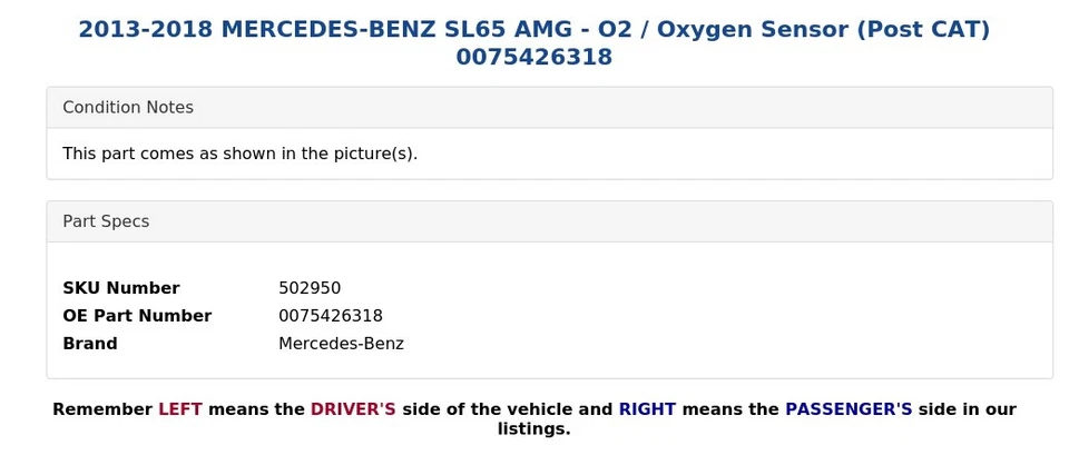 2013-2018 MERCEDES-BENZ SL65 AMG - O2 / датчик кислорода (post CAT) 0075426318 - Изображение 4 из 4