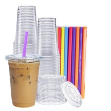  20 oz. - 100 Count Clear Cups with Flat Lids  Straws - Disposable Clear Dri...