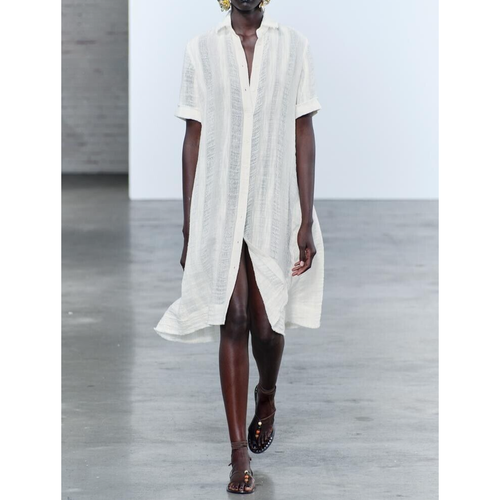 New! ZARA Jacquard Tunic Dress Medium Ecru Linen Cotton 4088/230 Neutral Beachy