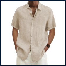 men Cotton Linen Hot Sale Men's Short-Sleeved Shirts Summer Solid Color