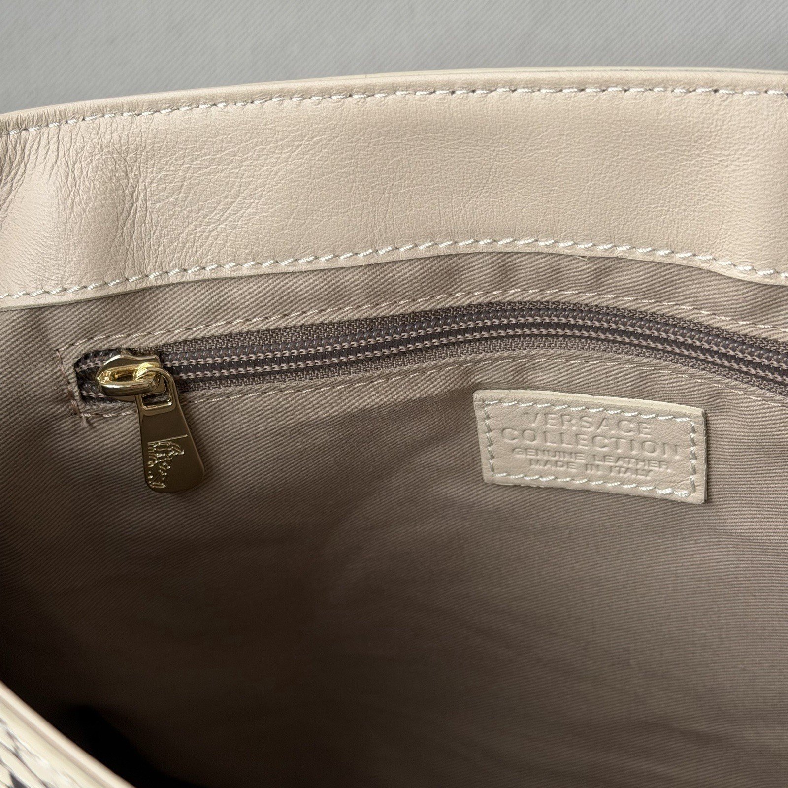 Versace Collection Genuine Leather Python Embossed Satchel Beige Black Purse Bag — image 16