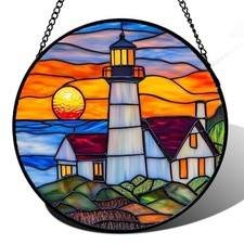 Stained Glass Window Hanging - Sea Lighthouse Suncatcher 7.8x7.8 IN Orange Blue