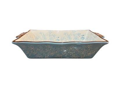 TEMPTATIONS FLORAL LACE  BLUE LOAF OF BREAD PAN BEADED DISH 1.7 QRT