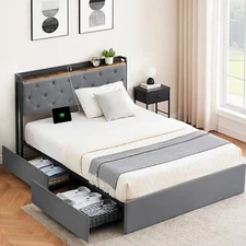 Full Size Bed Frame Velvet Upholstered Platform Headboard and 4 Storage Drawers