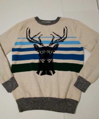 Cat & Jack Girls Sweater Size L (12-14) L/S Blue Green Bold Stripes Deer Head - Picture 2 of 9