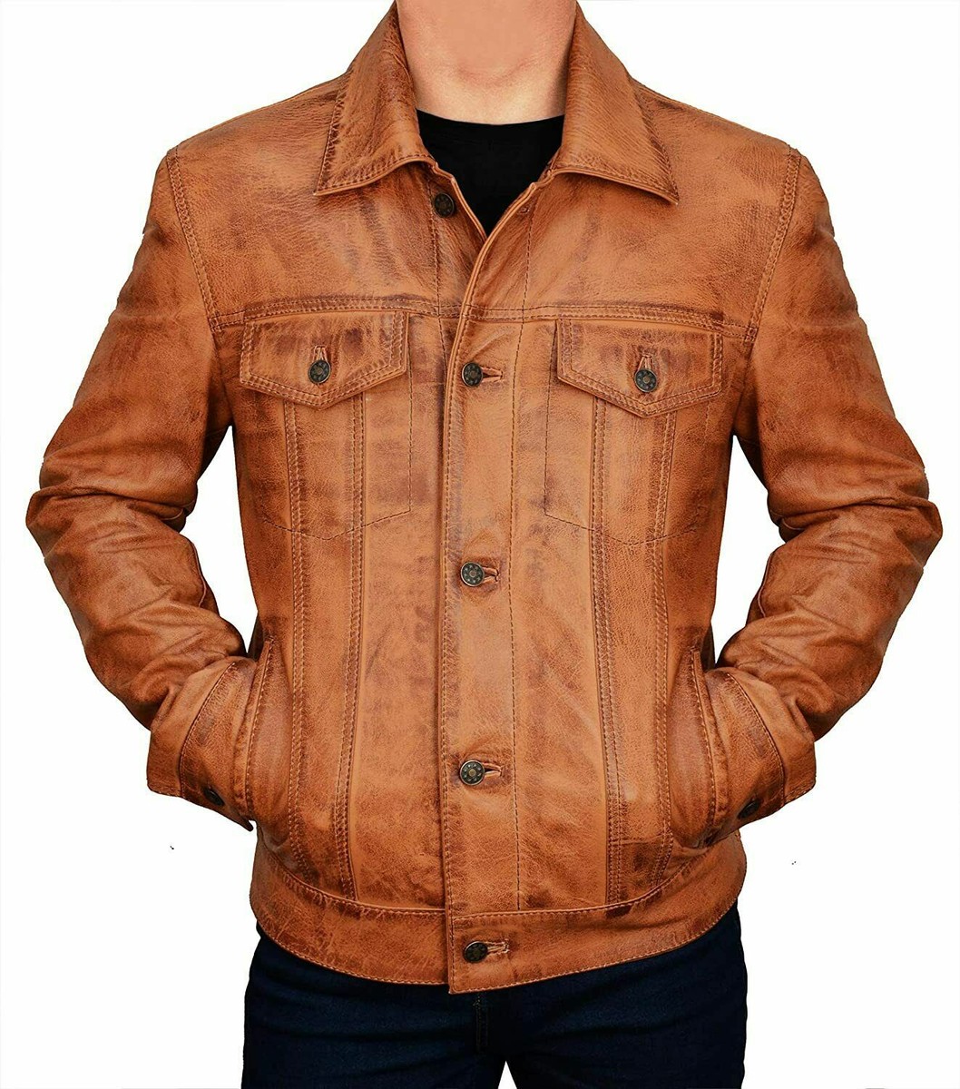 Men's Brown Trucker Vintage Jacket Classic Style Real
