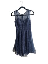 UNIQUE VINTAGE Blue Polka Dot 50's Pin Up Style SWING Full Sweep Dress Medium Z2