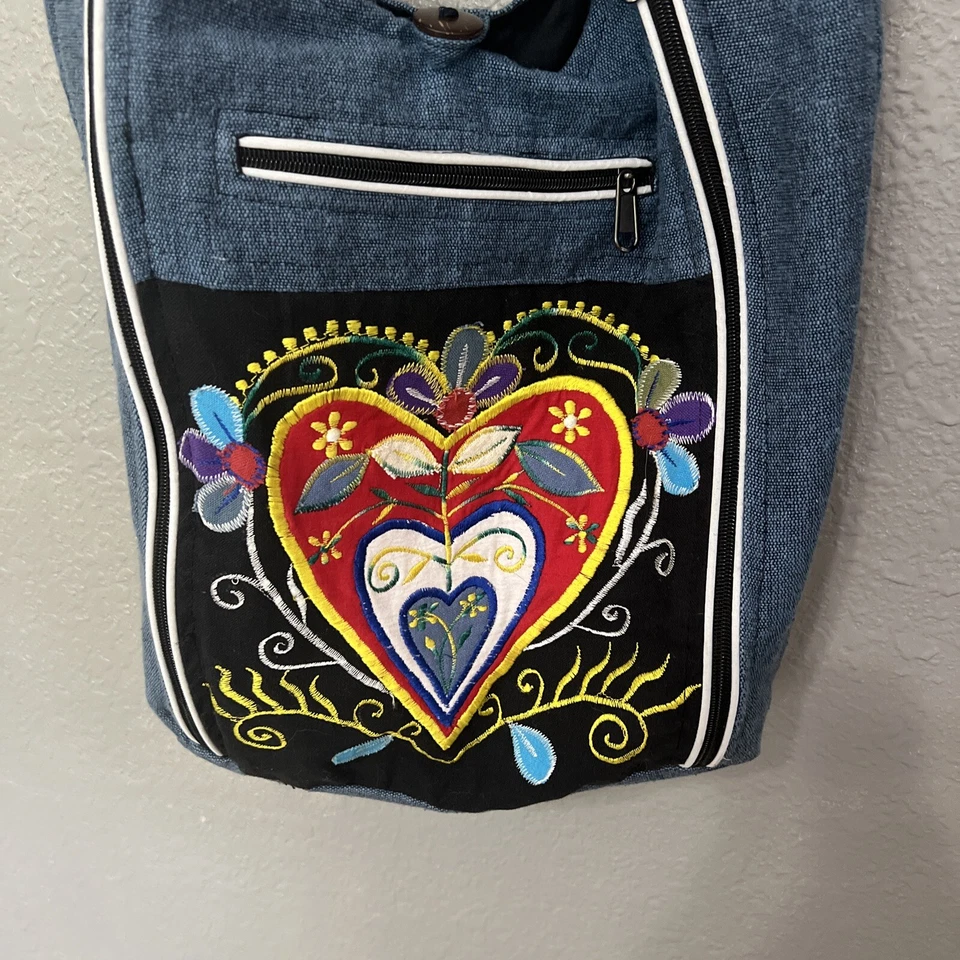 Bolso Hobo Hippie Denim Bordado Corazón Algodón Nepal Correa Larga Boho Cremalleras Foto 2 de 4