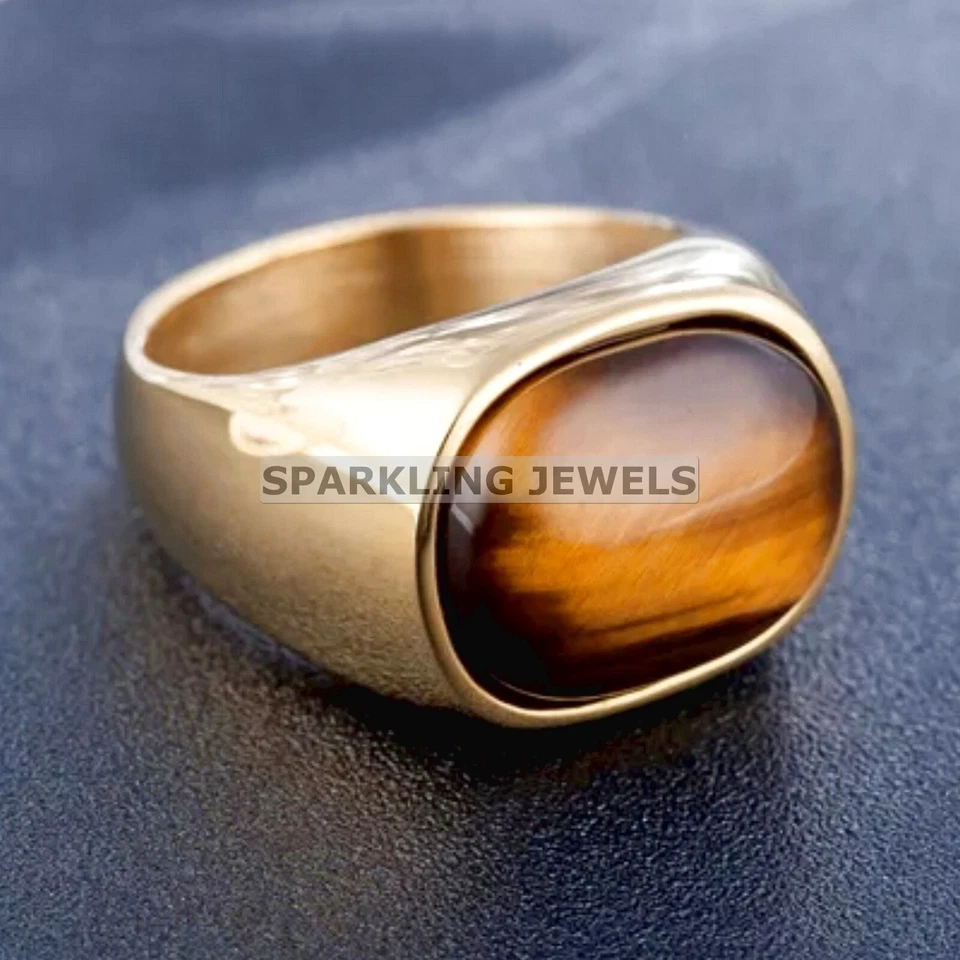Lustrous Tiger's Eye Oval Cut With 925 Silver Gold Plated Ring For Men #C377 - Image 2 of 4