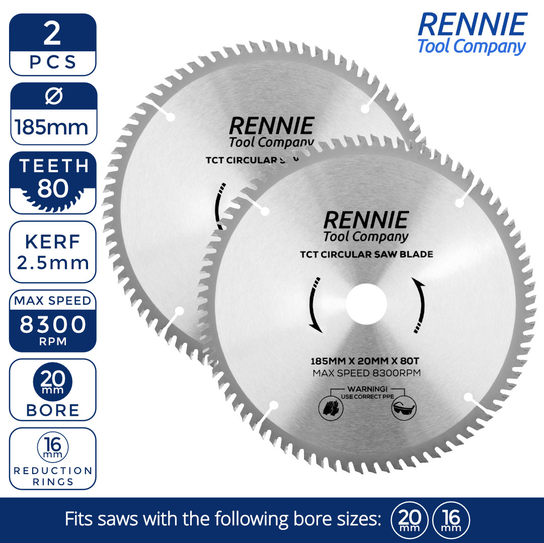 2 x TCT Circular Saw Blade 185mm x 80T x 20mm Bore (16mm ring) fits Evolution