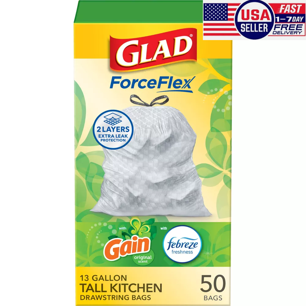 【US Seller】Glad ForceFlex Tall Kitchen Drawstring Trash Bags - Gain Original
