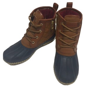 brown and navy duck boots