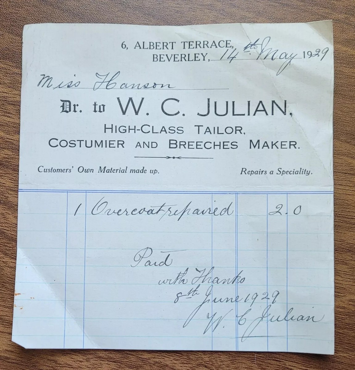 1929 Invoice. W.C. Julian, High Class Tailor, Albert Terrace, Beverley |  eBay UK