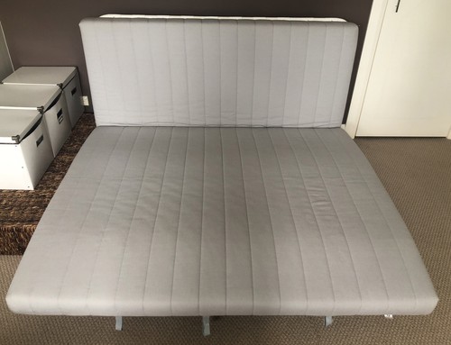 IKEA 2 Seater Sofa Double Bed Wood Slats Metal Frame Dark &Blue Denim Look Cover