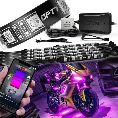 Motorcycle RGB LED Light Kit Bluetooth App Neon Under Glow Lights OPT7 AURA PRO