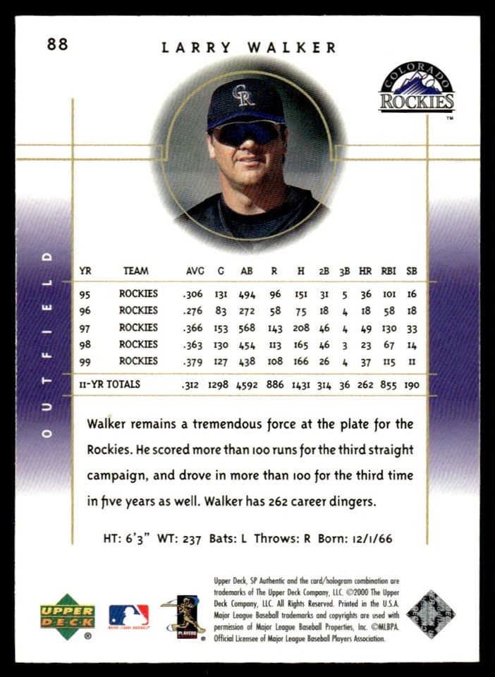 2000 SP Authentic Larry Walker Colorado Rockies #88 - Image 2 of 2