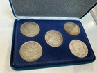 Lot of 5 Pre '21 $1 Morgan Silver Dollars, 5 Coins, Mixed Dates in Blue Box