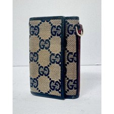 Gucci GG Monogram Canvas Trifold 6 Hook Key Case Navy Beige Black Leather Italy