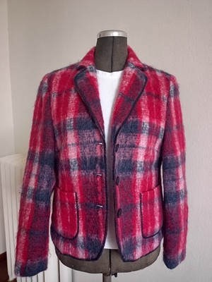 DELMOND Damen Blazer Jacke Mohair Schurwolle Rot Kariert Wie Neu 