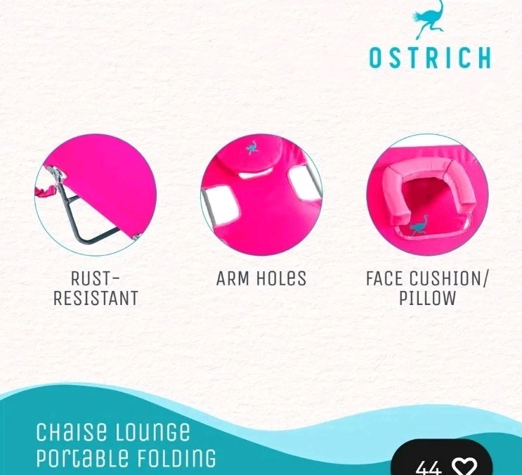 Ostrich Chaise Lounge, Facedown Beach Camping Pool Tanning Chair, Pink(Open Box) - Image 3 of 4