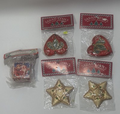 4 Vintage Sarah Lynn s Holiday Heart Star Magnets SEALED NEW Plus Wood Block