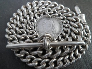 Victorian HM 1891 CHUNKY Solid Silver Albert Pocket Watch Chain Lions & Coin