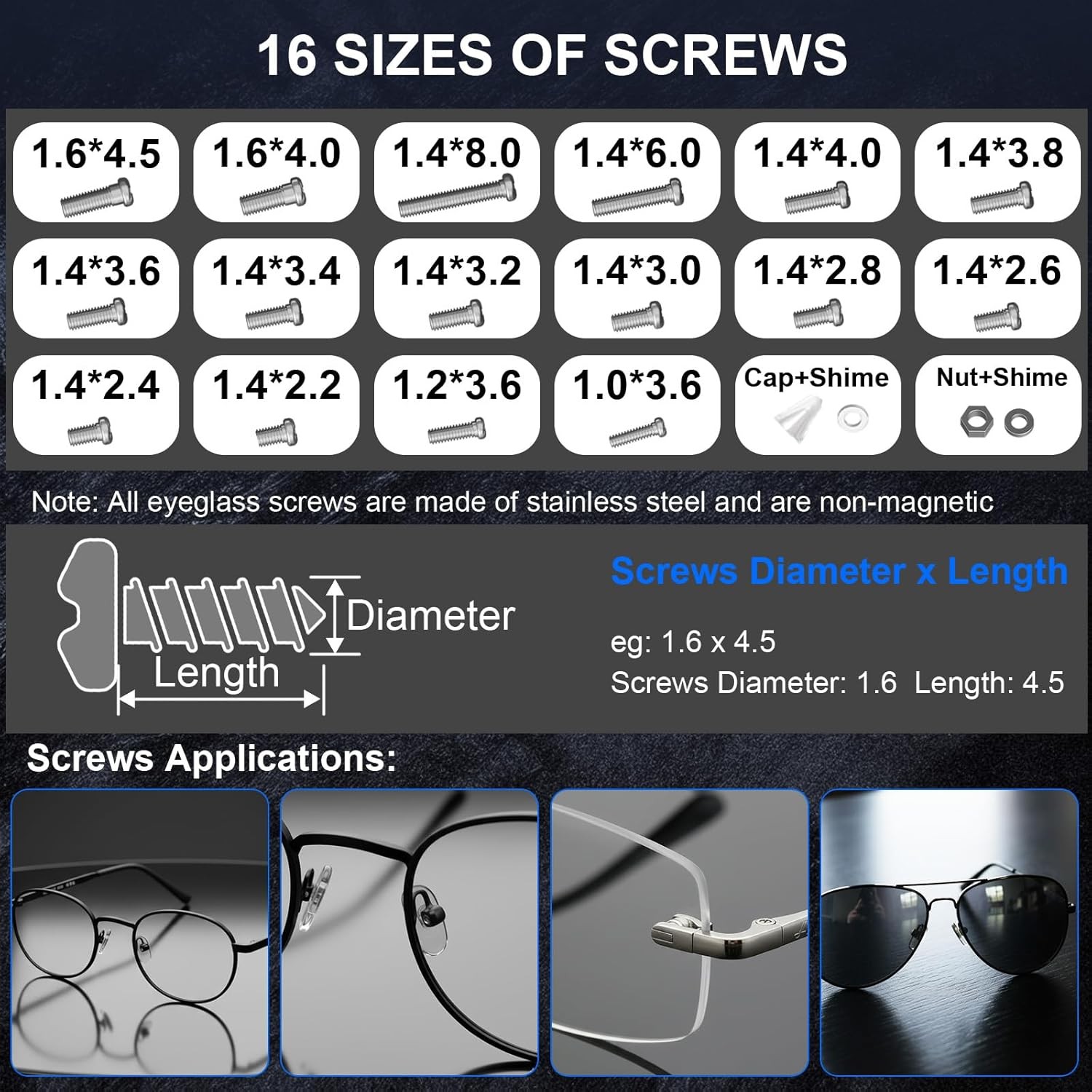STREBITO Glasses Repair Kit, All-in-One Eyeglass Repair Kit with 16 Sizes of Scr