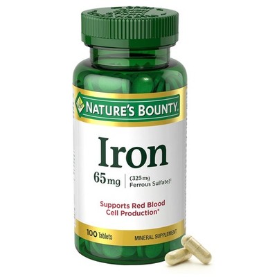 Nature s Bounty Iron 65mg, 325mg Ferrous 100 Count (Pack of 1), Green