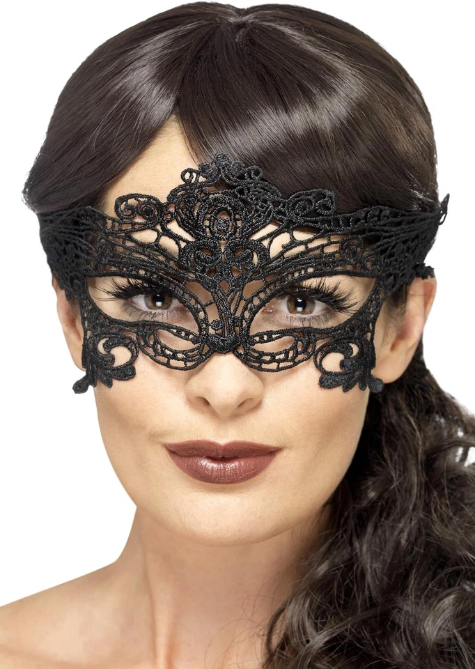 Smiffys Embroidered Lace Filigree Heart Eyemask, Black - Image 2 of 2