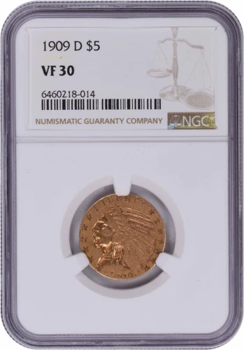 1909-D $5 Gold Indian VF30 NGC
