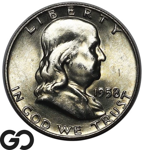 1958-D Franklin Half Dollar, Full Bell Lines, Solid Gem BU++ FBL