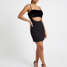 Naked Wardrobe Womens Black Faux Fur Trim Cutout Mini Dress NWH19-D9 MN Size S