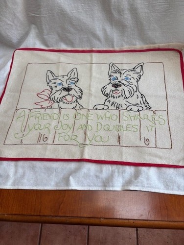 Vintage pre-owned hand embroidered pillow case with 2 SCOTTIES SCOTTYS & verse