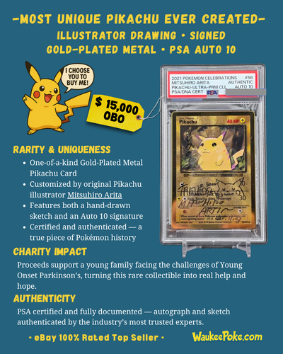 🙏CHARITY: Pikachu 58 Gold Metal Card - Mitsuhiro Arita Sketch & PSA Auto 10🙏