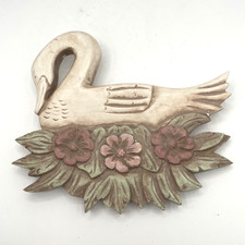 Wooden Vintage White Swan with Pastel Flower & Leaf Folk Art Hanging Wall Decor