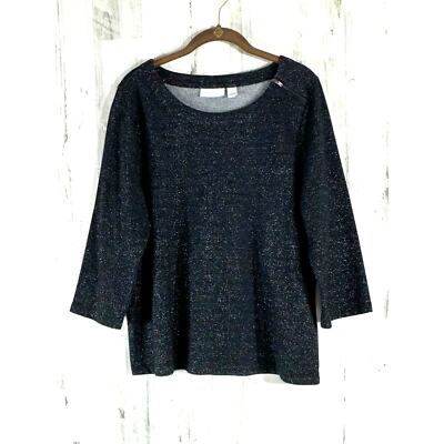 Weekends By Chicos Top Size 2 Large Black Speckled Metallic French Terry Zipper