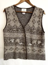 Susan Bristol Knit Sweater Vest Women M  Hand Embroidered Silk Wool Blend