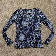 new york company womens XS long sleeve v-neck sheer blouse top floral blue