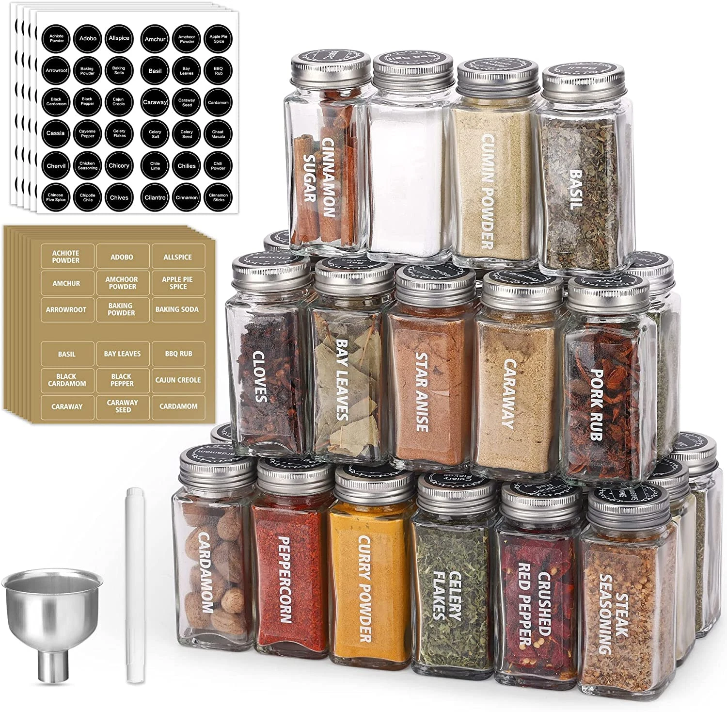 Spice Jars 28 Pack 3.5 OZ Clear Glass 324 Labels Shaker Lids Airtight Metal Caps