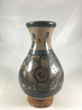 Mexican Pottery Flower Vase 6.5" Ceramic Tonala Pottery Mexico Floral Pattern